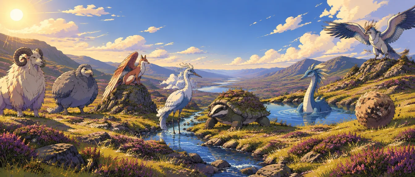 Lembah padang dengan delapan Wild: Woolhorn, Stonehen, Gorsefox, Cloudheron, Heatherback, Merewyrm, Burrbuck, dan Galewing.