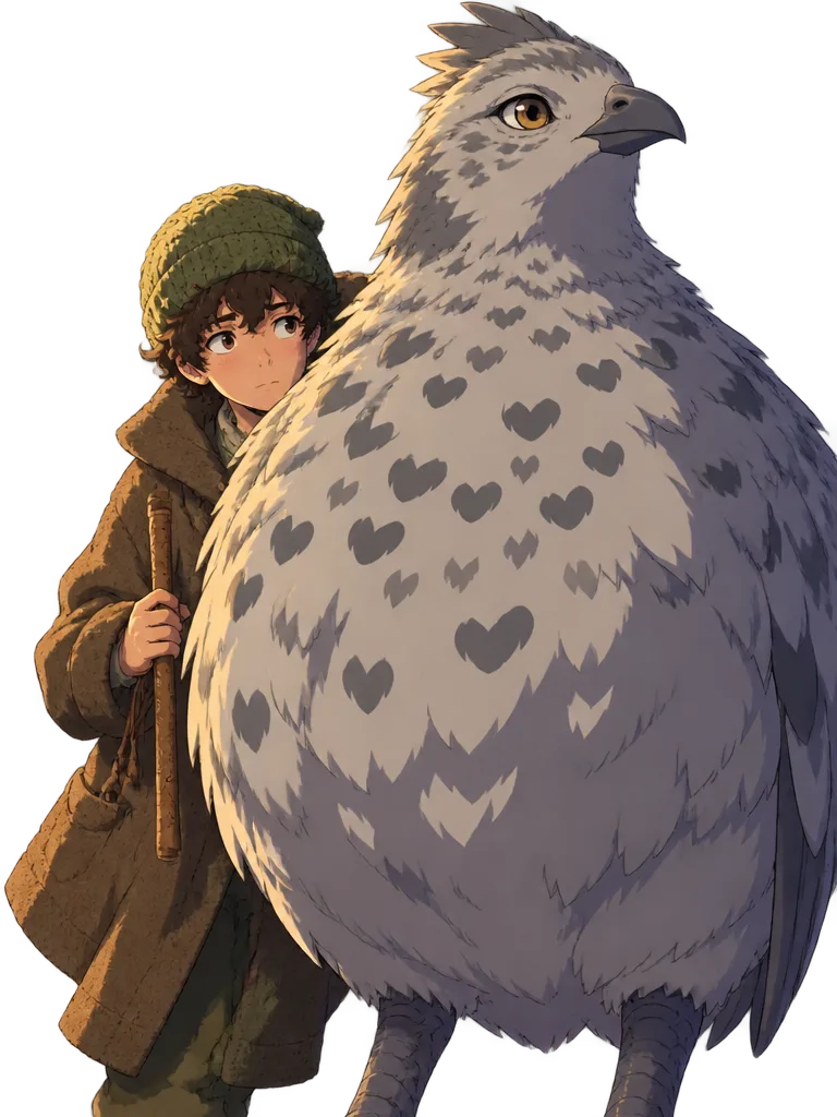 Teague Rowan mengintip dari balik dada Pebble, burung tanah raksasa berbulu kelabu bertotol, sambil memegang seruling gembala kayu.